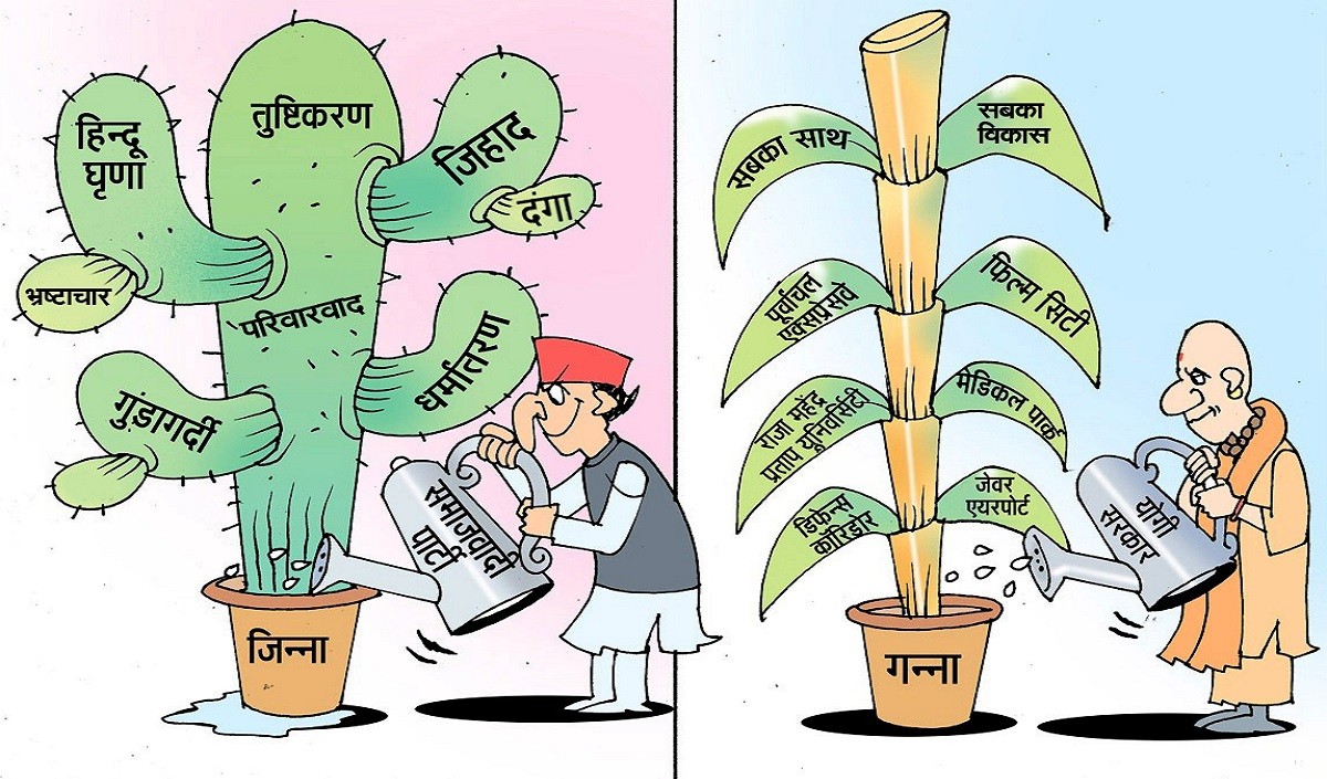 यूपी में भाजपा का पोस्टर वार एक ओर सीएम योगी का विकास का गन्ना तो दूसरी ओर अखिलेश का जिन्ना कैक्टस